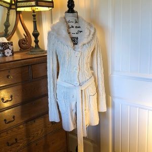 Long Cable Sweater w/ Removable Faux Fur Collar